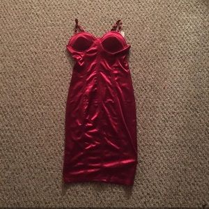red faux satin dress